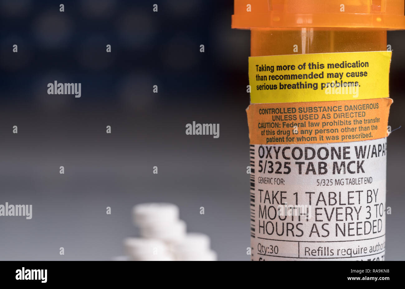 Macro d'oxycodone bouteille comprimé aux opiacés Banque D'Images