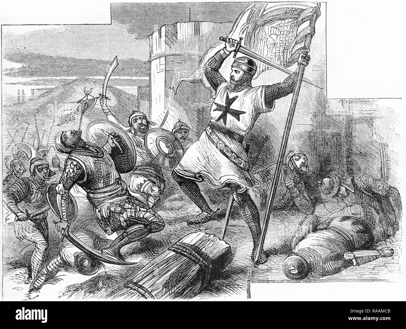 Gravure d'un chevalier luttant contre les musulmans au cours d'une des croisades. À partir d'une gravure originale dans les garçons de England Magazine 1894. Banque D'Images