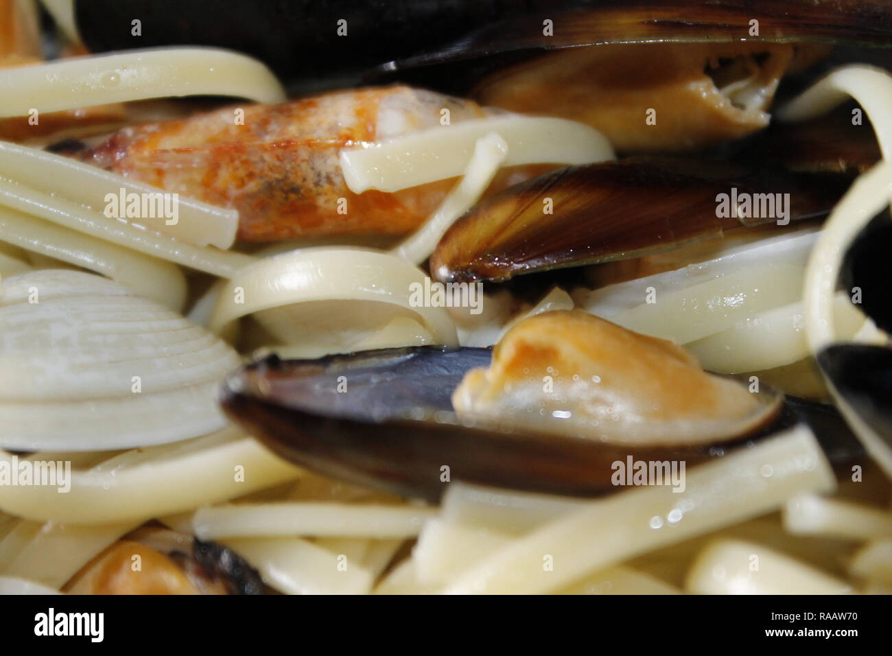 Les fruits de mer. Pâtes aux palourdes, les crevettes, les crevettes et les moules. Banque D'Images