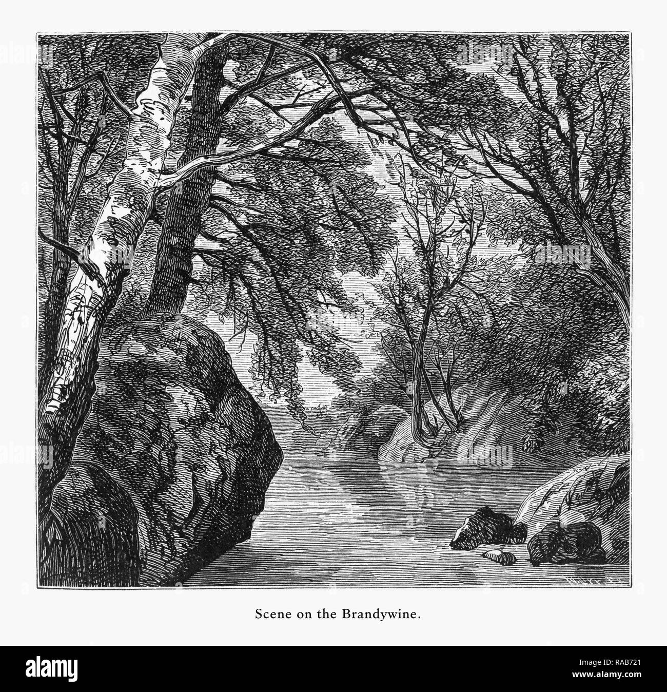 Scène de la Brandywine River, North Carolina, United States, American Victorian gravure, 1872 Banque D'Images