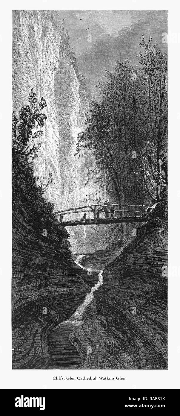 Cliffs at Glen Cathédrale, Watkins Glen, New York, United States, American Victorian gravure, 1872 Banque D'Images