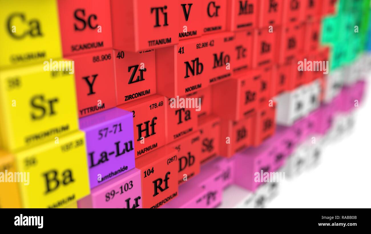 Tableau périodique déformée concept. glaçons colorés par groupes d'éléments. 3d illustration Banque D'Images