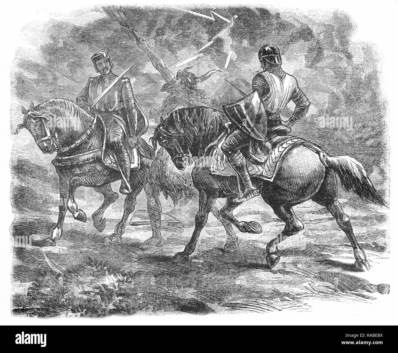 Gravure d'un Viking se défendre contre les deux chevaliers à cheval. À partir d'une gravure originale dans les garçons de England Magazine 1894. Banque D'Images