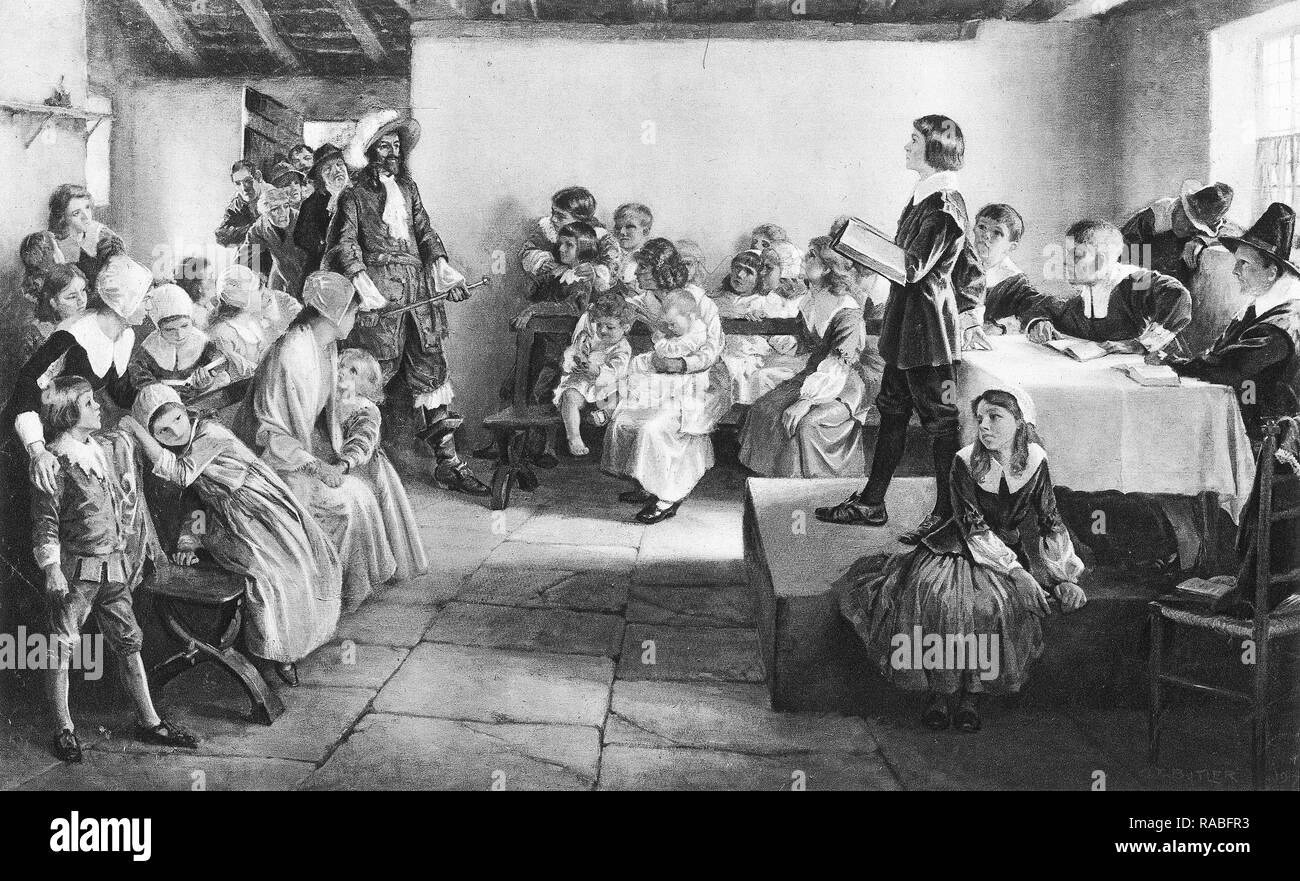 Le Seigneur du manoir se décompose d'une réunion pour les enfants puritains pendant le règne de Jacques I Banque D'Images