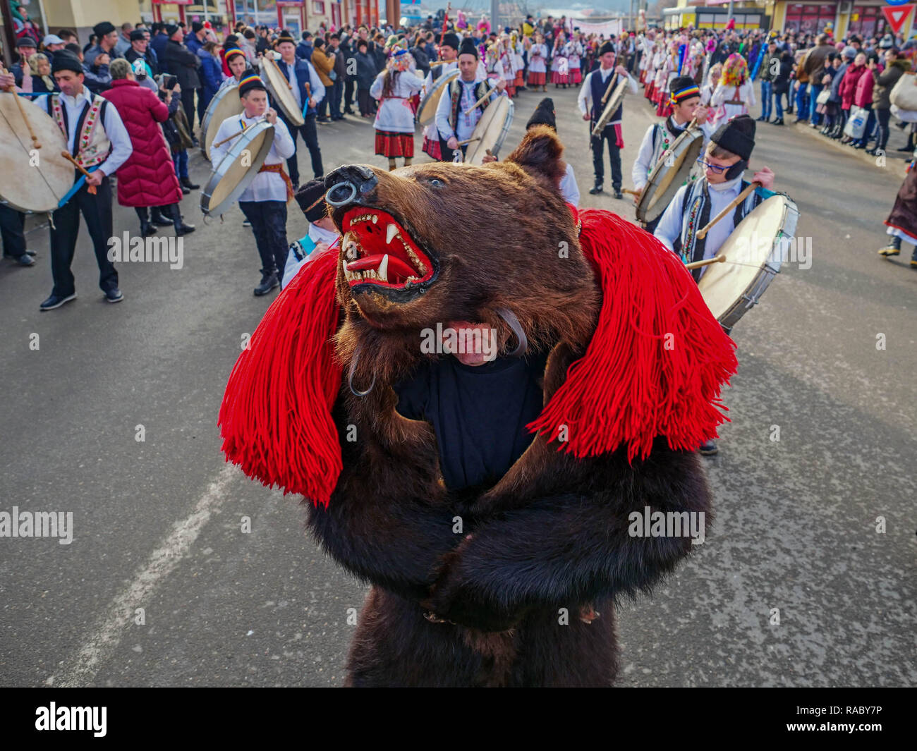 Vu un homme vêtu d'une peau d'ours pendant l'événement. À la fin de l'année et la nouvelle année ís jour, les gens dans la vallée de la Buzau en Roumanie en robe de danse et de peaux d'ours pour chasser tout ce qui est mauvais et apporter le bonheur et la bénédiction pour les gens du village. Dans le passé, les Roms ont soulevé ours sauvages et effectué avec eux pour gagner de l'argent. Les gens croyaient que les ours peuvent guérir des maladies et d'apporter la force pour eux. Après avoir maintenu ours a été interdit, les gens ont commencé à danser dans des peaux d'ours pour garder la tradition du Nouvel An. Le prix d'une peau peut être aussi élevé que 3000 euros. Banque D'Images