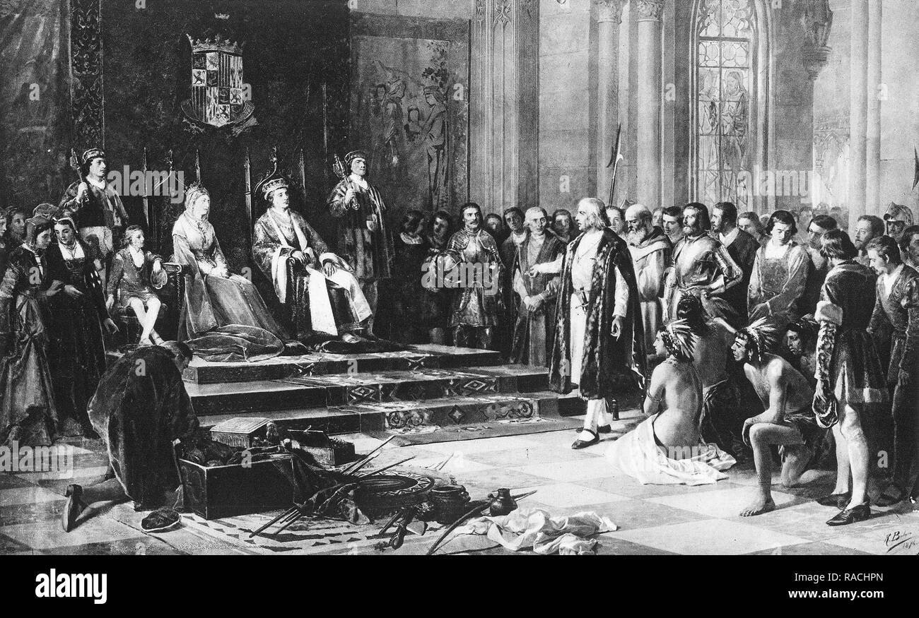 Christophe Colomb des rapports sur le Nouveau Monde pour Ferdinand et Isabelle d'Espagne, 1492 Banque D'Images