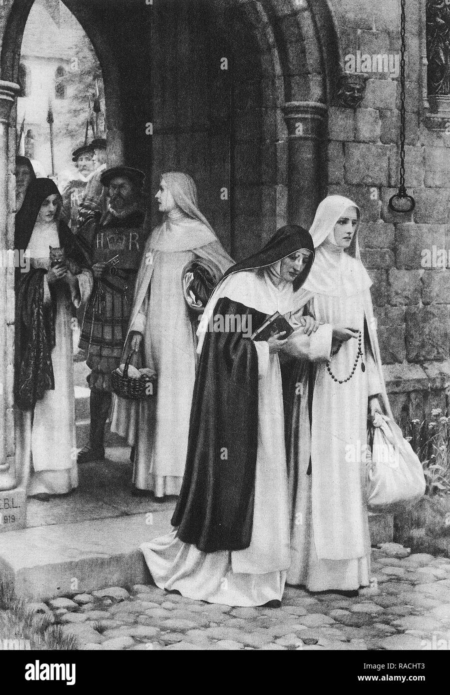 Henry VIII s'nonnes out des monastères après provoquant la Réforme anglaise et rejette l'autorité de l'église catholique. Banque D'Images