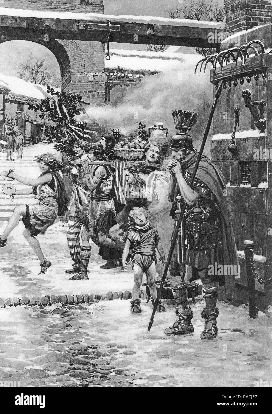 La bohème dans les rues de la Grande-Bretagne romaine passer un soldat romain de garde Banque D'Images