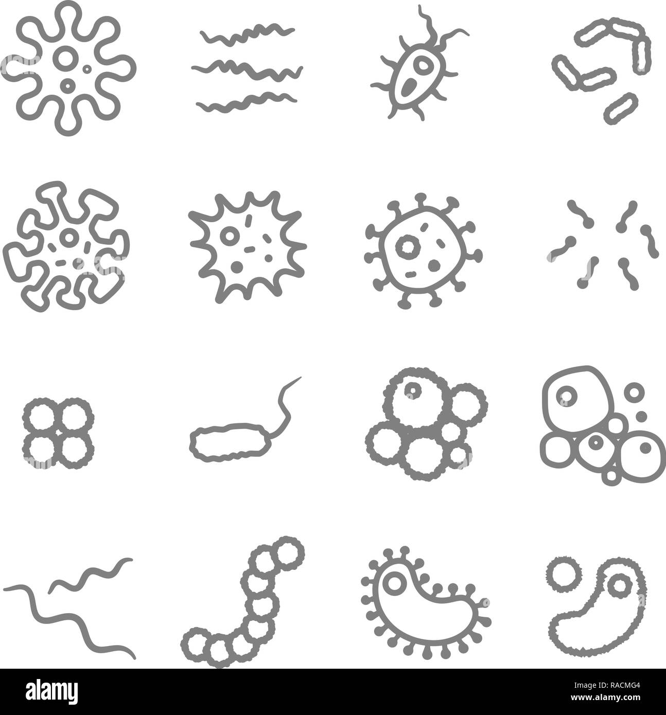Ensemble d'icônes de ligne de vecteur de bactéries. Colonie de bactéries, virus, Pétri, la maladie, l'germe, microbe et plus encore. Illustration de Vecteur
