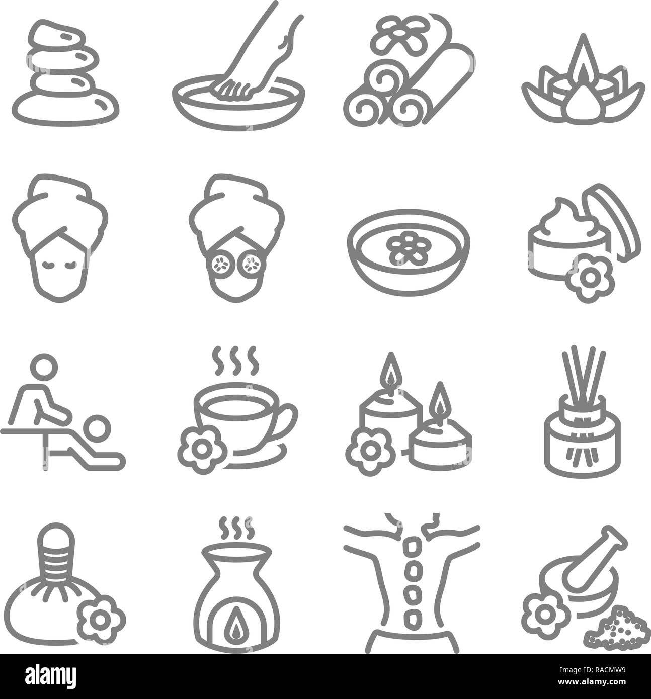 Spa Massage liées ligne vectorielle d'icônes. Contient des icônes telles que Bougie aromatique, massage des pieds, diffuseur et plus encore. L'expansion d'un AVC. Illustration de Vecteur