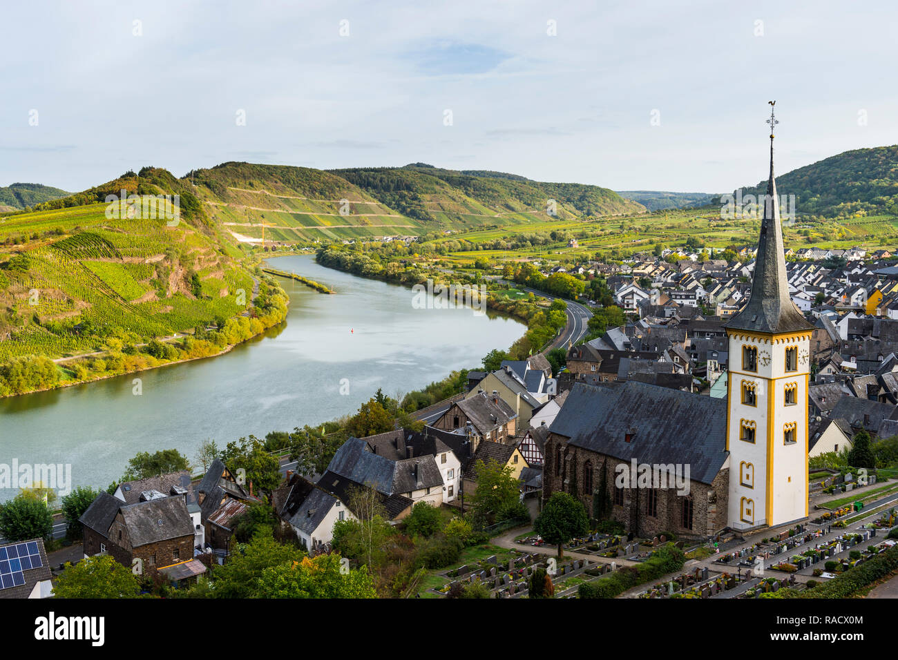 Au-dessus des vignes Bremm sur la Moselle, Rhénanie-Palatinat Allemagne, Europe Banque D'Images