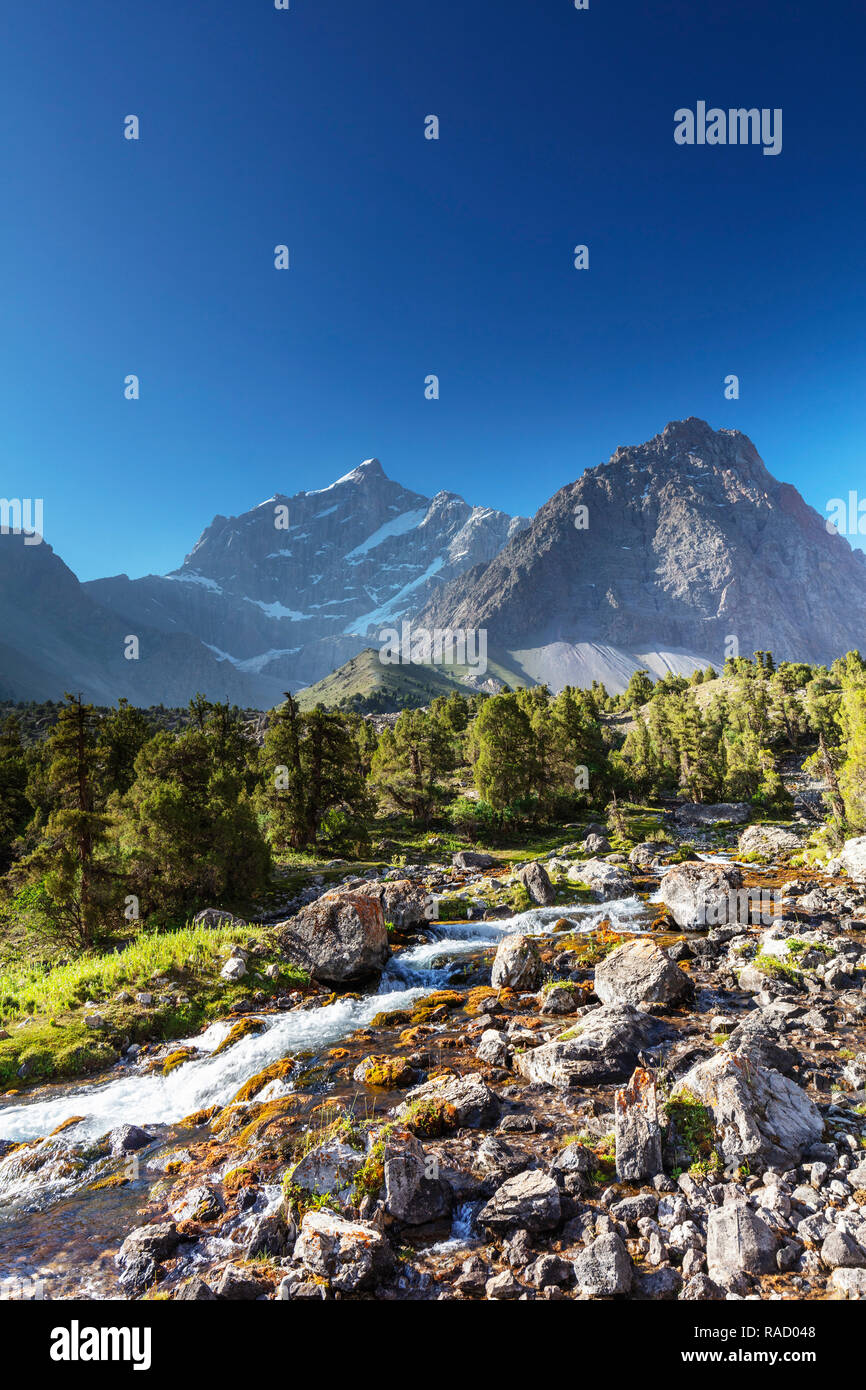 Ruisseau de montagne, Montagnes du ventilateur, du Tadjikistan, de l'Asie centrale, d'Asie Banque D'Images