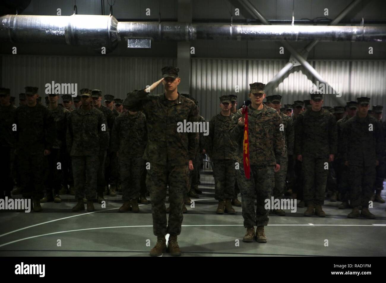 Les Marines américains avec le Siège et support société avec la Force de rotation de la mer Noire 17.1 stand en formation au cours d'une cérémonie de transfert d'autorité à la base aérienne de Mihail Kogalniceanu, Roumanie le 26 janvier 2017. BSRF 16.2 a été soulagée par le BSRF 17.1 après les six mois de déploiement qui inclus les opérations avec 14 pays partenaires en Europe. Banque D'Images