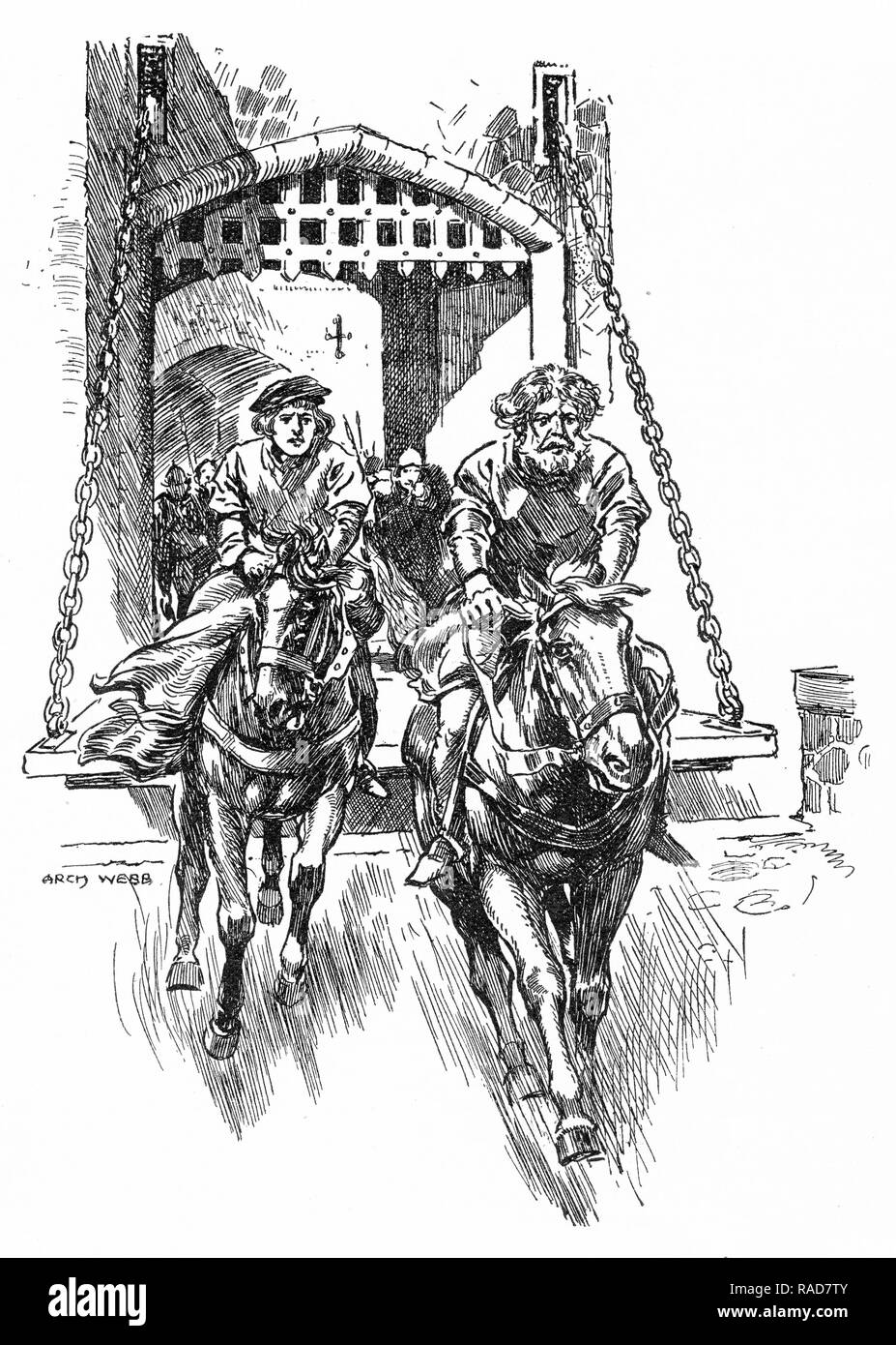 Gravure de deux coureurs sur le pont-levis au galop d'un château. À partir d'une gravure originale par Arch Webb dans le propre rapport annuel 1925 garçons. Banque D'Images