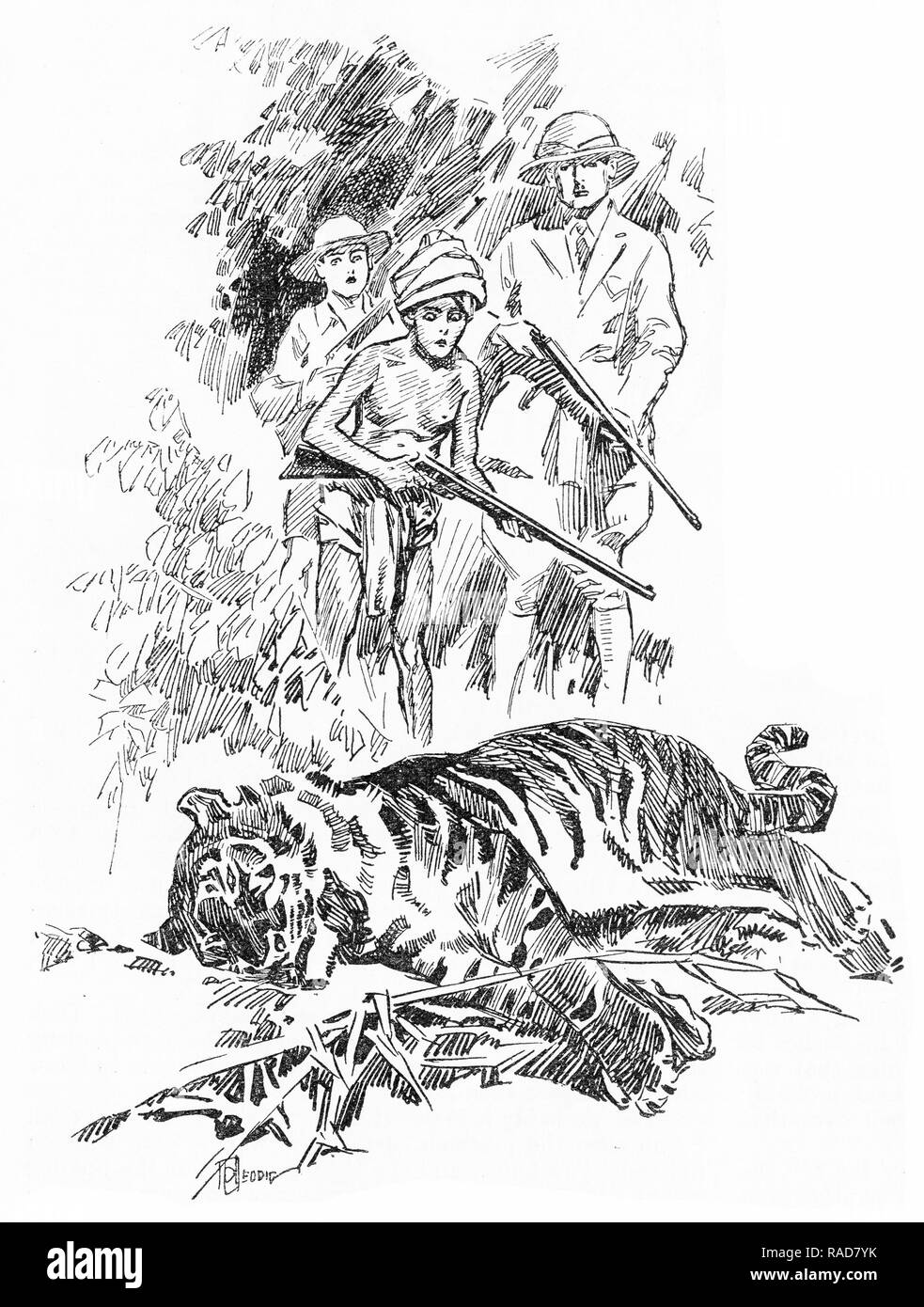 Gravure d'un un groupe de chasseurs, sondant un tigre mort en Inde. À partir d'une gravure originale à l'Annuel 1925 Garçons propre. Banque D'Images