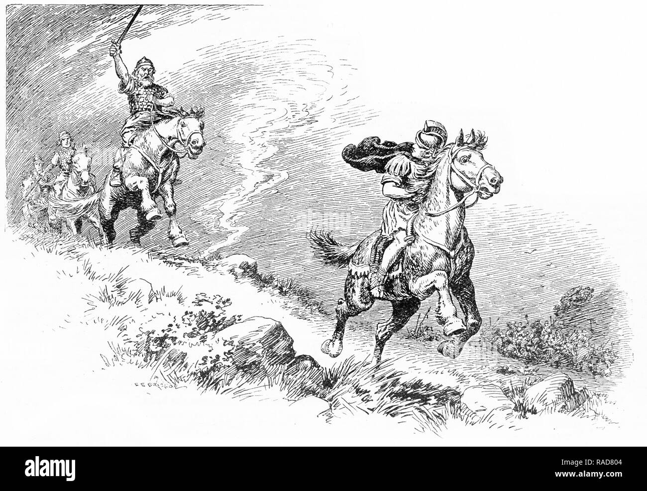 Gravure d'un officier romain qui fuient devant un guerrier gothique à cheval. À partir d'une gravure originale à l'Annuel 1925 Garçons propre. Banque D'Images