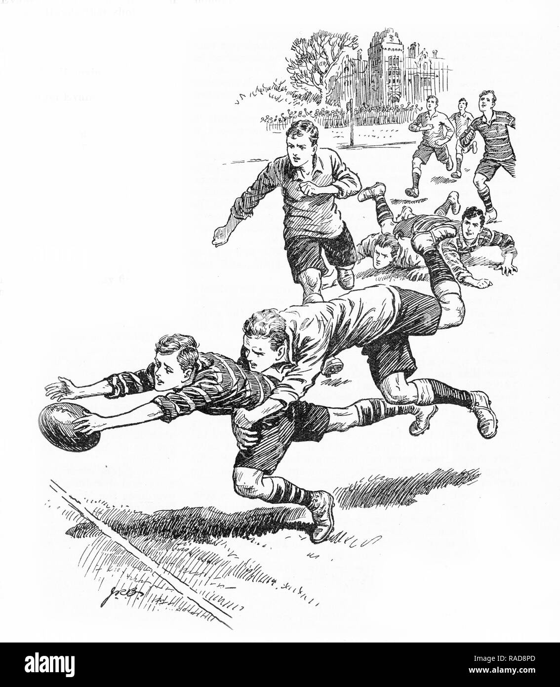 Gravure d'un joueur de football en tendant à faire un essai comme lui-même est abordé. À partir d'une gravure originale à l'Annuel 1925 Garçons propre. Banque D'Images