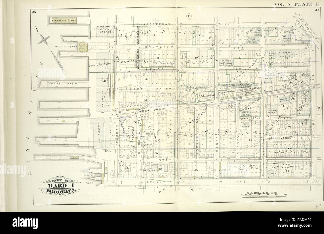 Tome 5. Plaque, E. Site lié par Pierrepont St., Fulton St., Cour St., Atlantic Ave., East River, y compris Montague repensé Banque D'Images