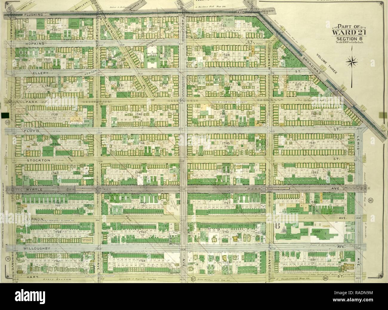 Brooklyn, Volume 2, Double Page n° 11 de la plaque, une partie de quartier 21, Section 6, site délimité par l'avenue Broadway, rinçage, Lewis repensé Banque D'Images