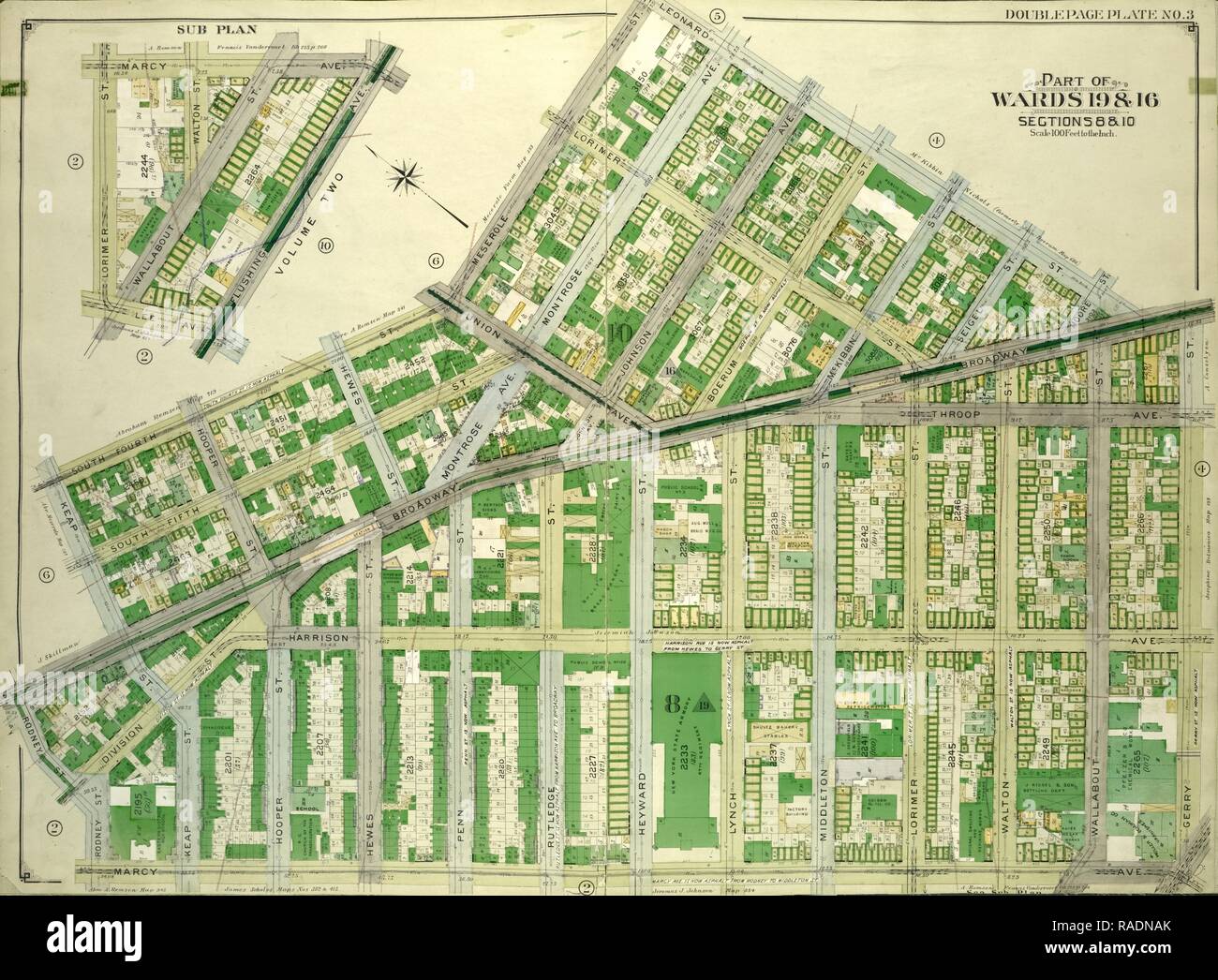 Brooklyn, Volume 3, double plaque Page no 3, partie de quartiers 19 et 16, l'article 8 et 10, la carte délimitée par Leonard St., Gerry repensé Banque D'Images