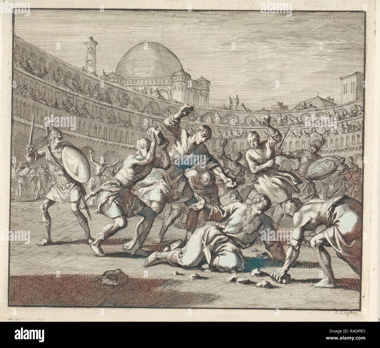 Lapidation de Saint Télémaque, Jan Luyken, 170. Repensé par Gibon. L'art classique avec une touche moderne repensé Banque D'Images
