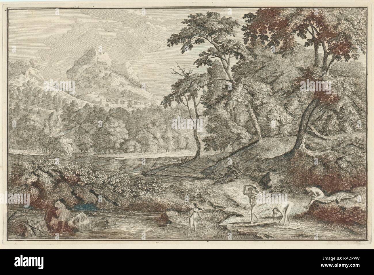 Paysage arcadien avec le bain des femmes, Adolf van der Laan, Johannes Glauber, Leonard Schenk, 1696-176. Repensé Banque D'Images