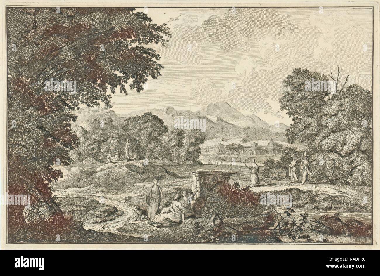Paysage arcadien avec six femmes à un tombeau, Adolf van der Laan, Johannes Glauber, Leonard Schenk, 1696-176 repensé Banque D'Images