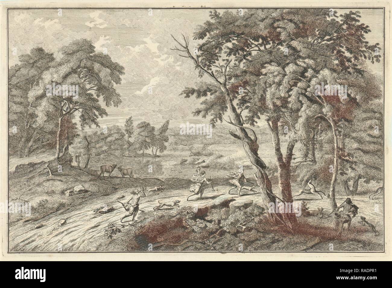 Paysage avec rivière arcadienne chasse chevreuil, Adolf van der Laan, Johannes Glauber, Leonard Schenk, 1696-176 repensé Banque D'Images