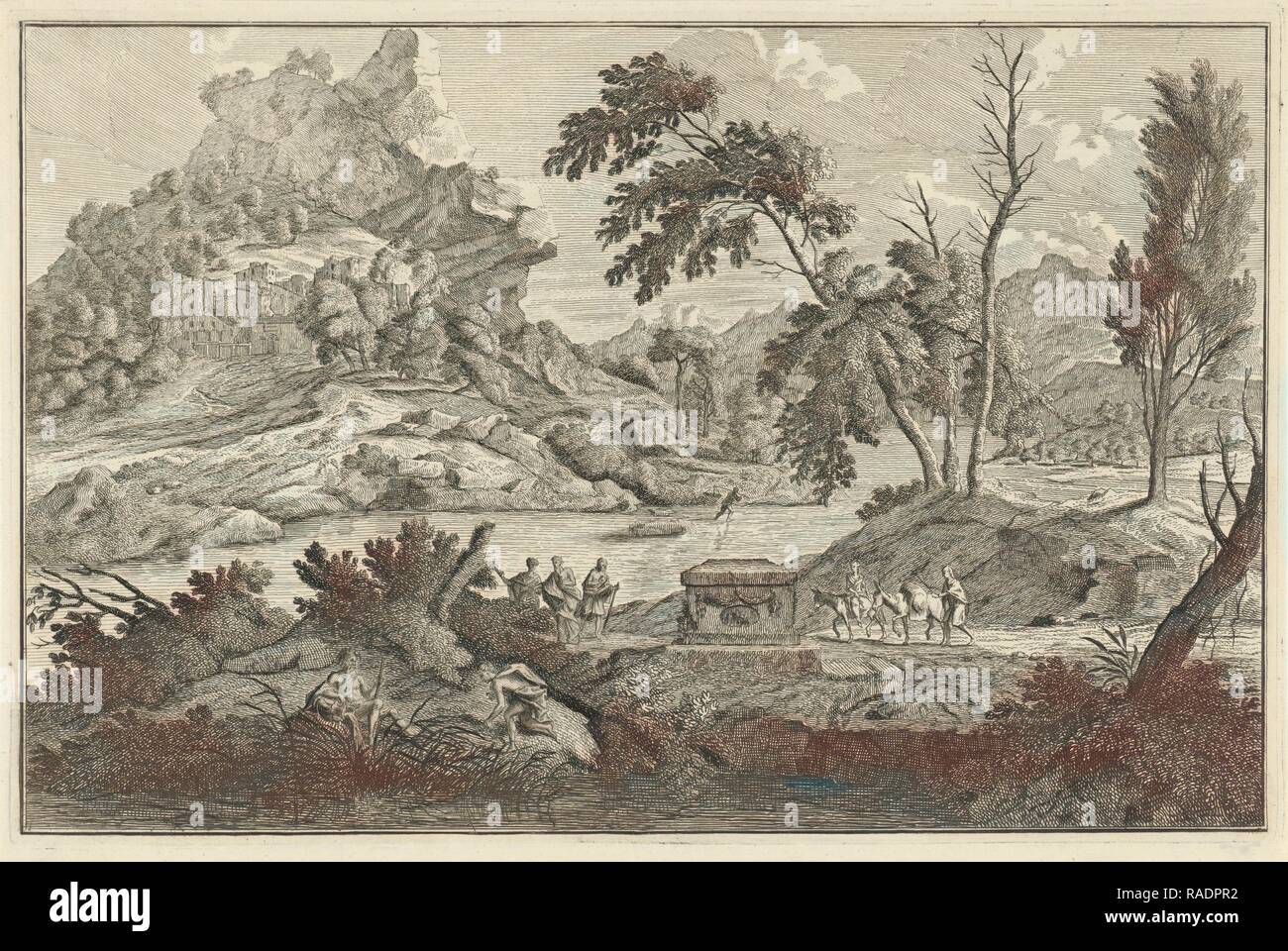 Rivière paysage arcadien avec deux ânes, Adolf van der Laan, Johannes Glauber, Leonard Schenk, 1696-176. Repensé Banque D'Images