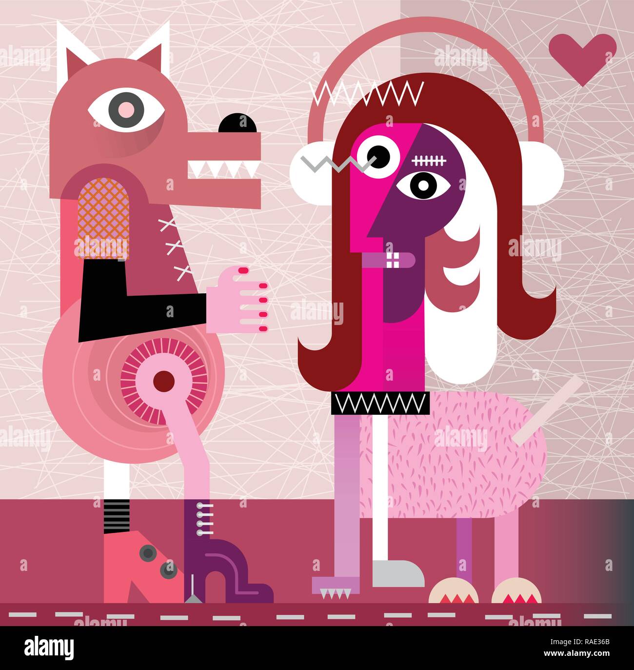 Un homme avec une tête de chien et une femme avec un corps du chien rencontré dans une chambre avec des murs gris. Fine art moderne illustration vectorielle. Couple de loups-garous. Illustration de Vecteur