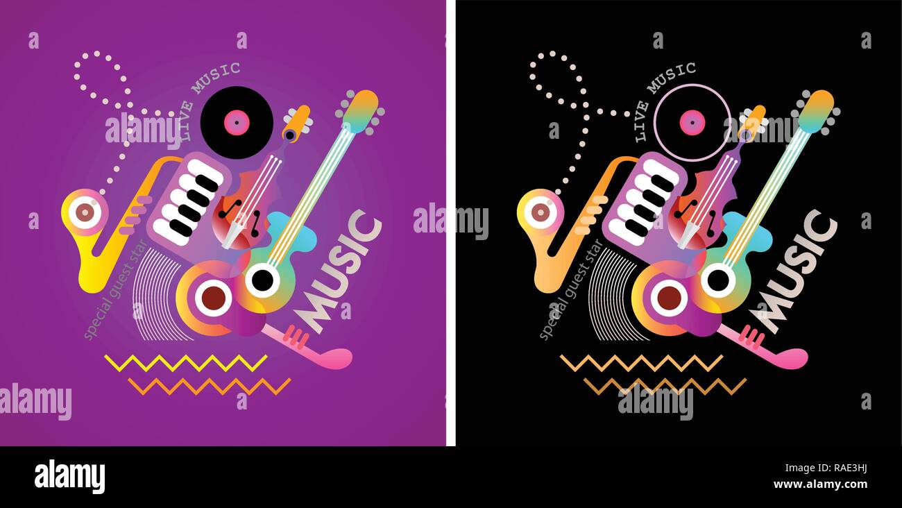 Deux options de conception de l'affiche du festival de musique. Vector illustration avec des instruments de musique et texte sur une image en noir et sur un fond violet profond. Illustration de Vecteur