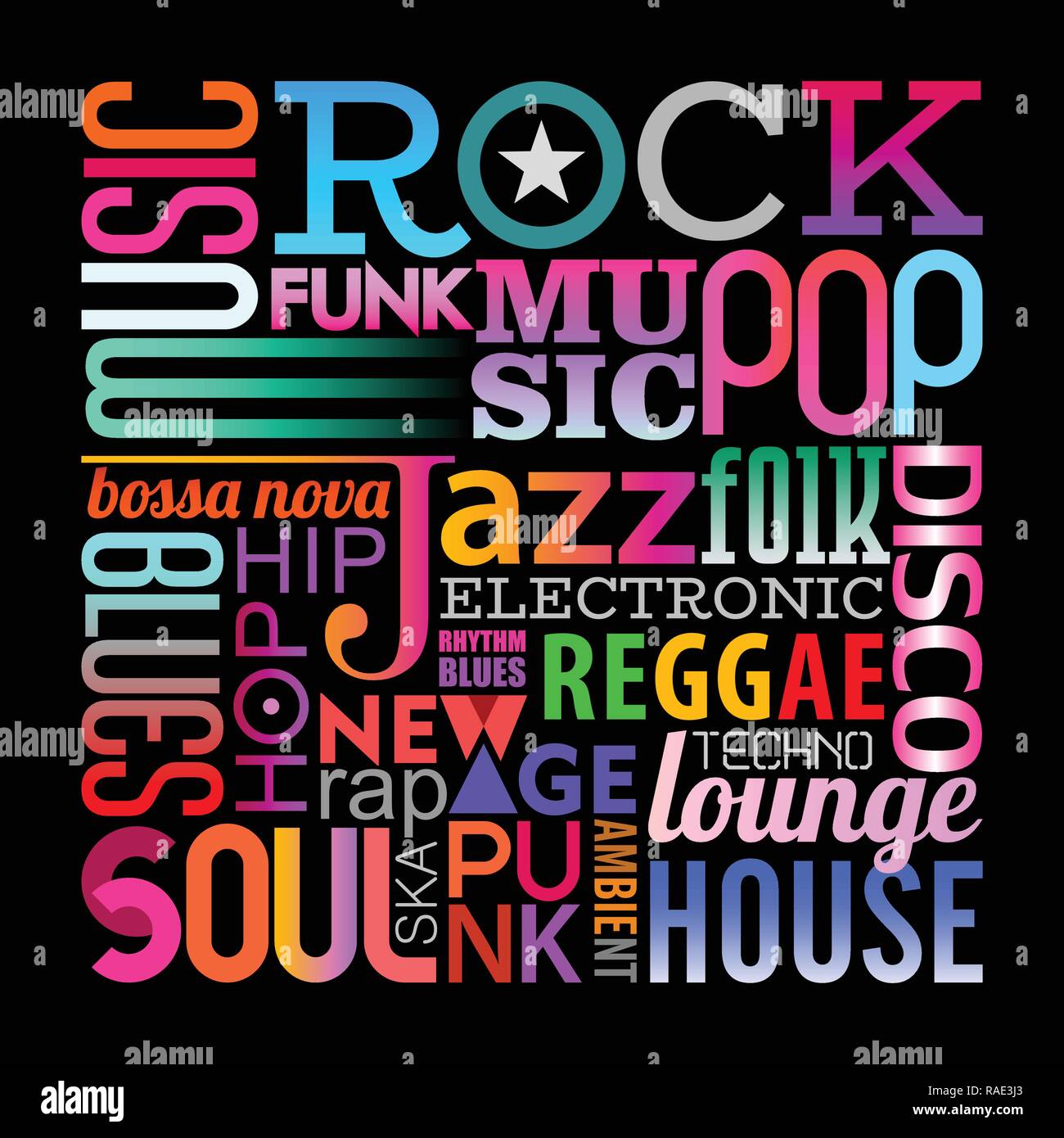 Composition conception texte isolé sur un fond noir des styles de musique d'illustration vectorielle. Couches de l'arrière-plan du texte. Illustration de Vecteur