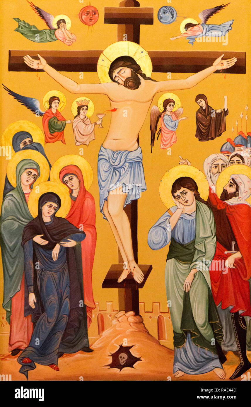 Vienne, Autriche, 2016/11/26. L'icône de la crucifixion de Jésus Christ dans Saint Hripsime Church (Église apostolique arménienne). Banque D'Images