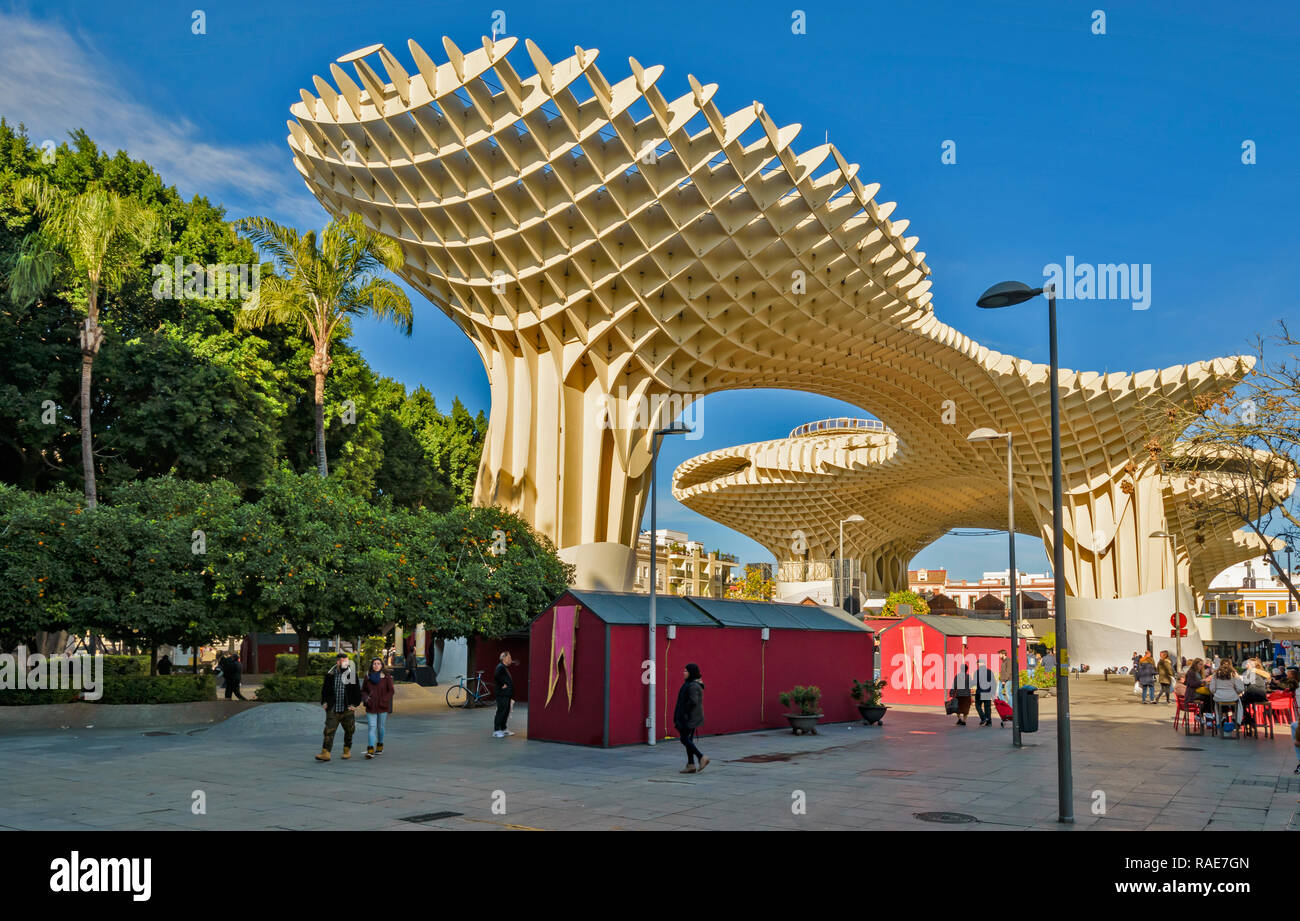 METROPOL PARASOL Carré d'ENCARNACION SÉVILLE ESPAGNE TÔT LE MATIN, WITHGROUPS DE PERSONNES ET D'ORANGERS Banque D'Images
