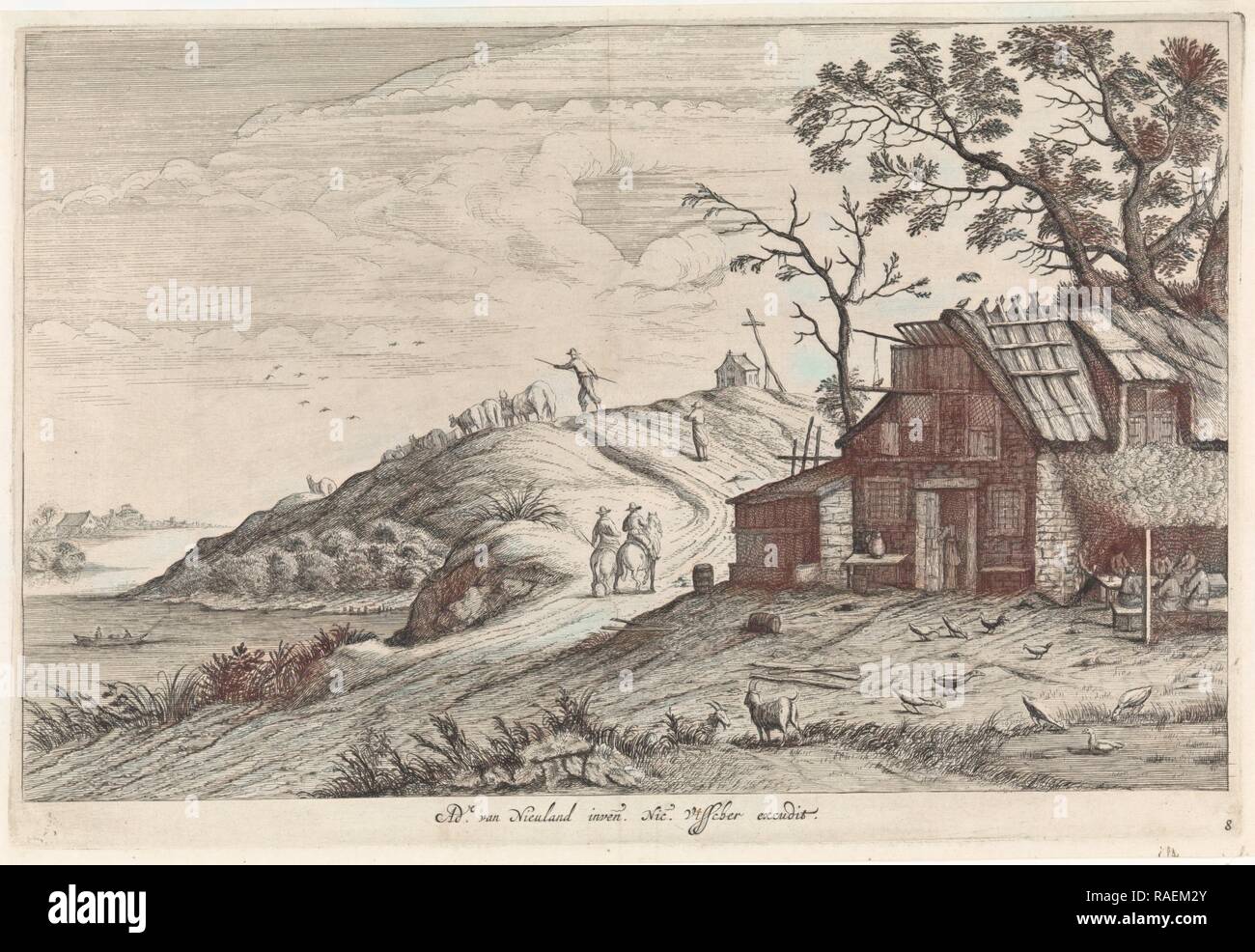 Pub à proximité d'une route, Pieter Nolpe, Nicolaes Visscher (I), 1623 - 165. Repensé par Gibon. L'art classique avec un style moderne repensé Banque D'Images