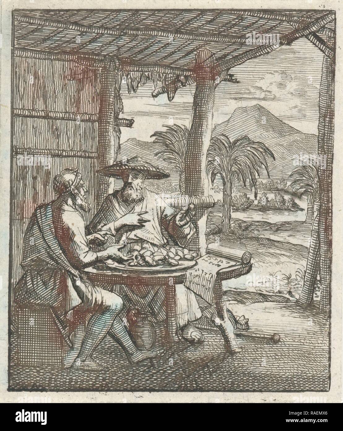Ermite et son visiteur assis dans une cabane ouverte à la table, Aart Jan Luyken, Wolsgrein, 169. Repensé Banque D'Images