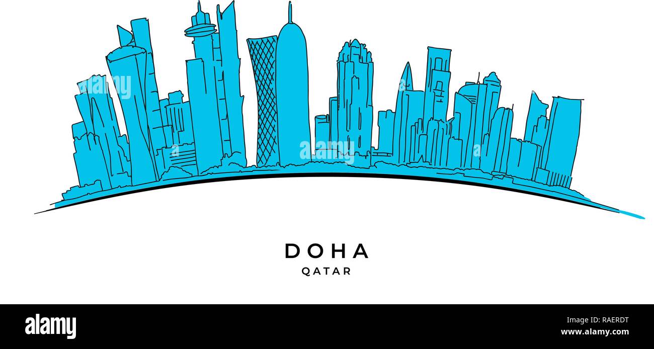 Doha Qatar contours croquis. Vector illustration dessinée à la main. Célèbre série de destinations de voyage. Illustration de Vecteur