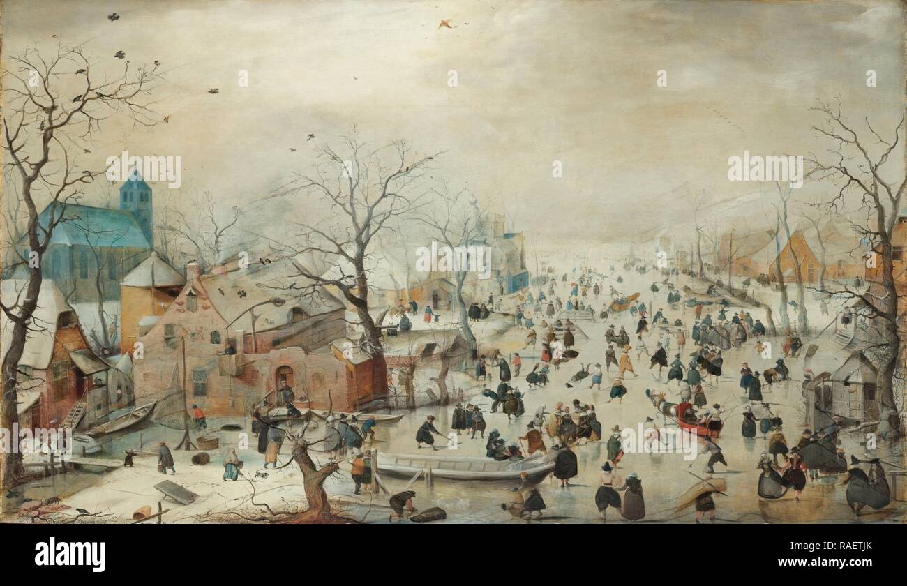 Paysage d'hiver avec patineurs, Hendrick Avercamp, ch. 160. Repensé par Gibon. L'art classique avec une touche moderne repensé Banque D'Images