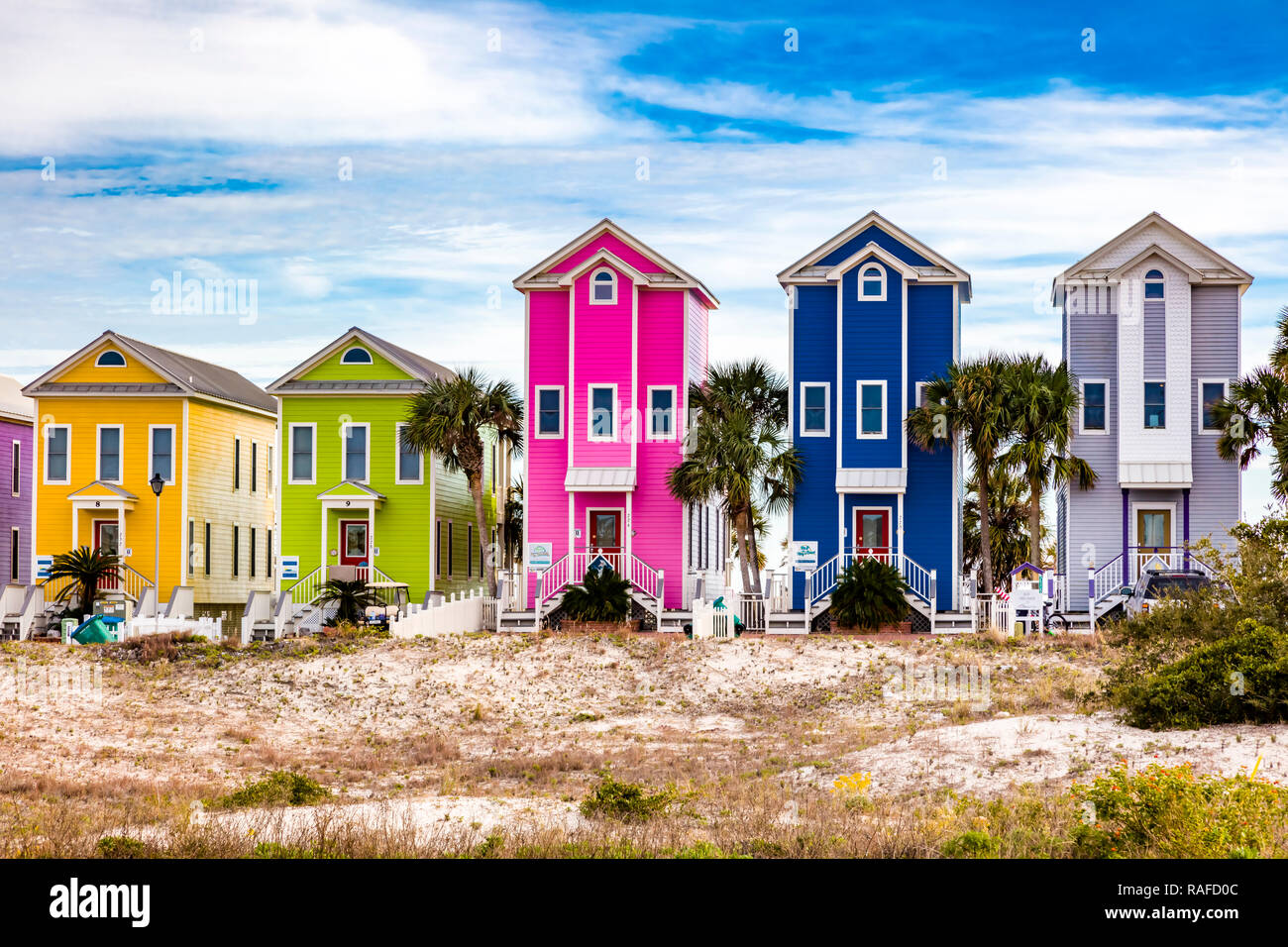Colotful beach houses sur St George Island dans l'enclave ou oublié de la côte de la Floride aux États-Unis Banque D'Images