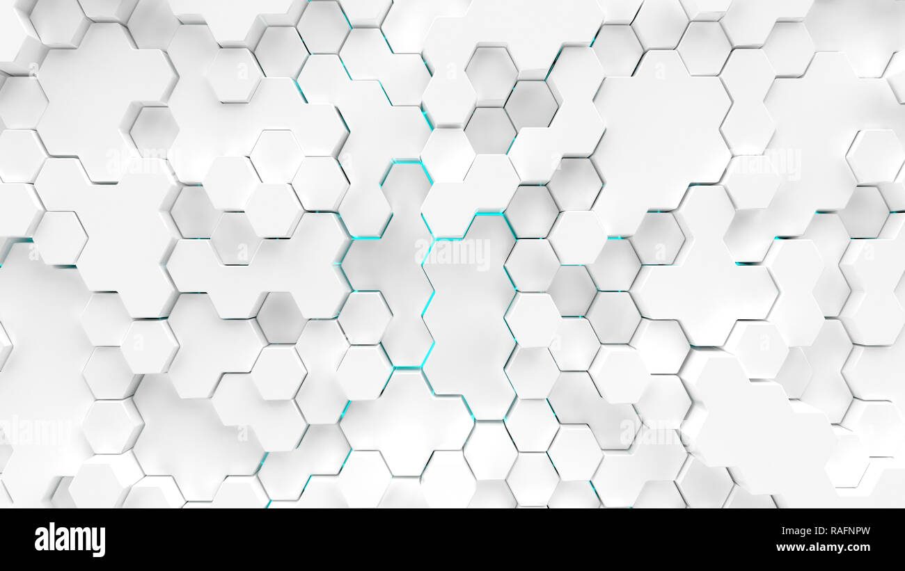 Résumé d'hexagones blancs surface avec illumination bleue. Illustration 3D render Banque D'Images