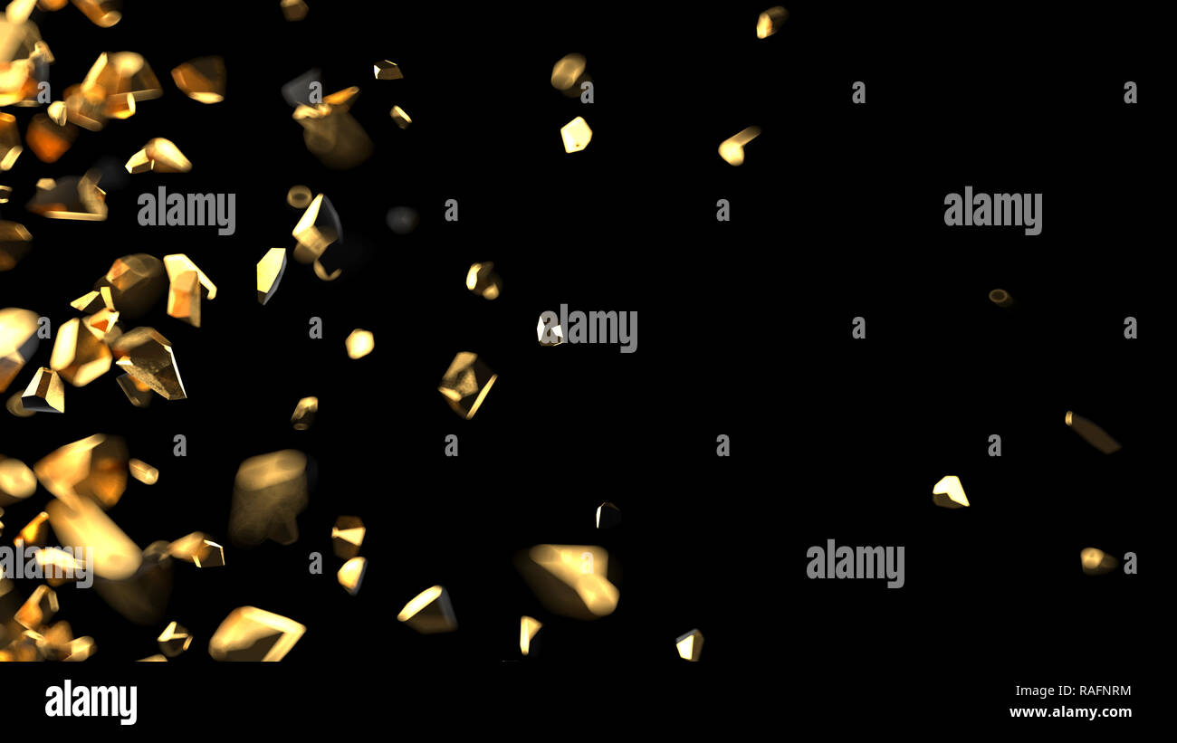 Résumé Les particules d'or et pièces sur fond noir. Illustration 3D render Banque D'Images