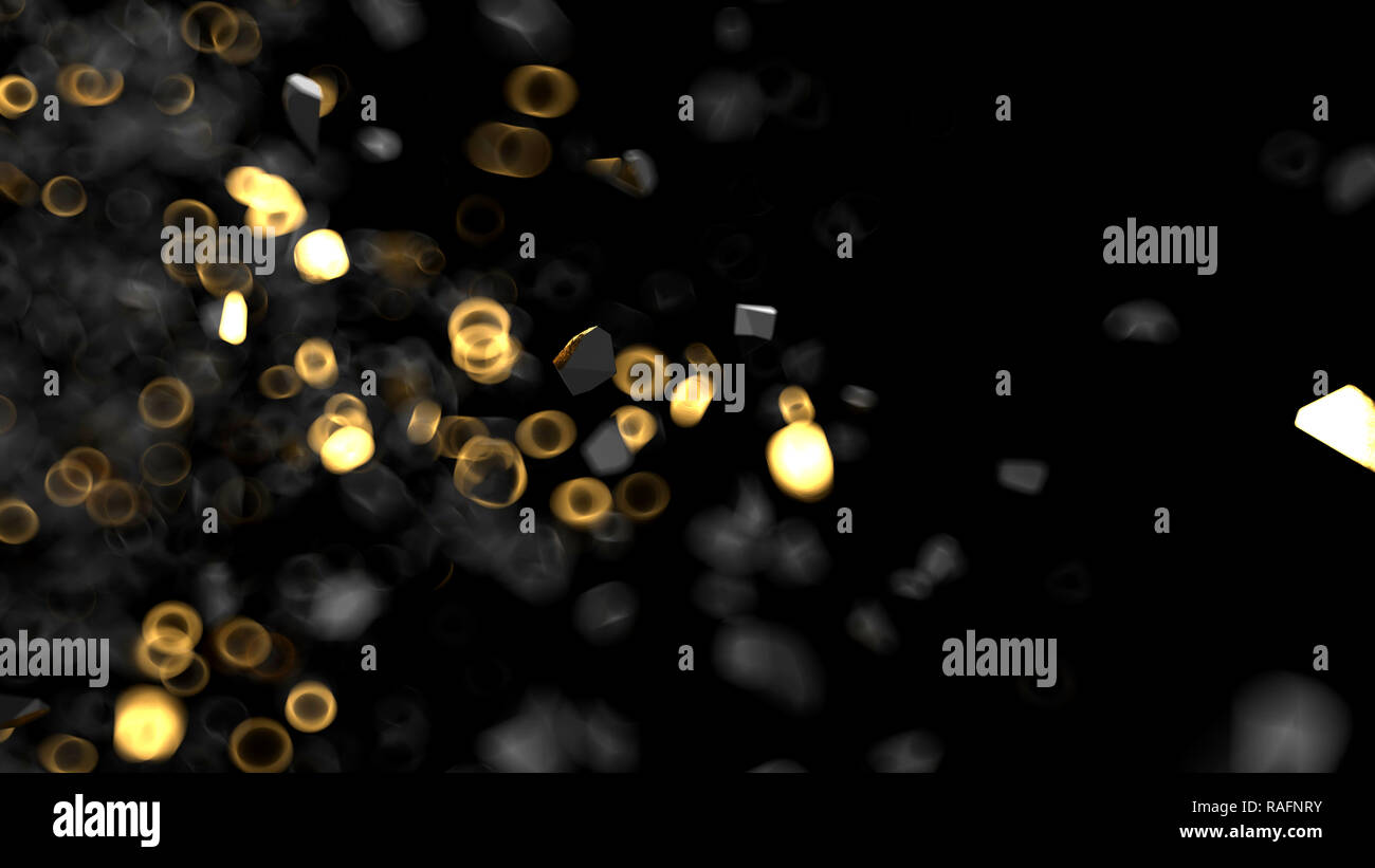 Les particules d'or et pièces sur fond noir avec effet dof. Illustration 3D render Banque D'Images