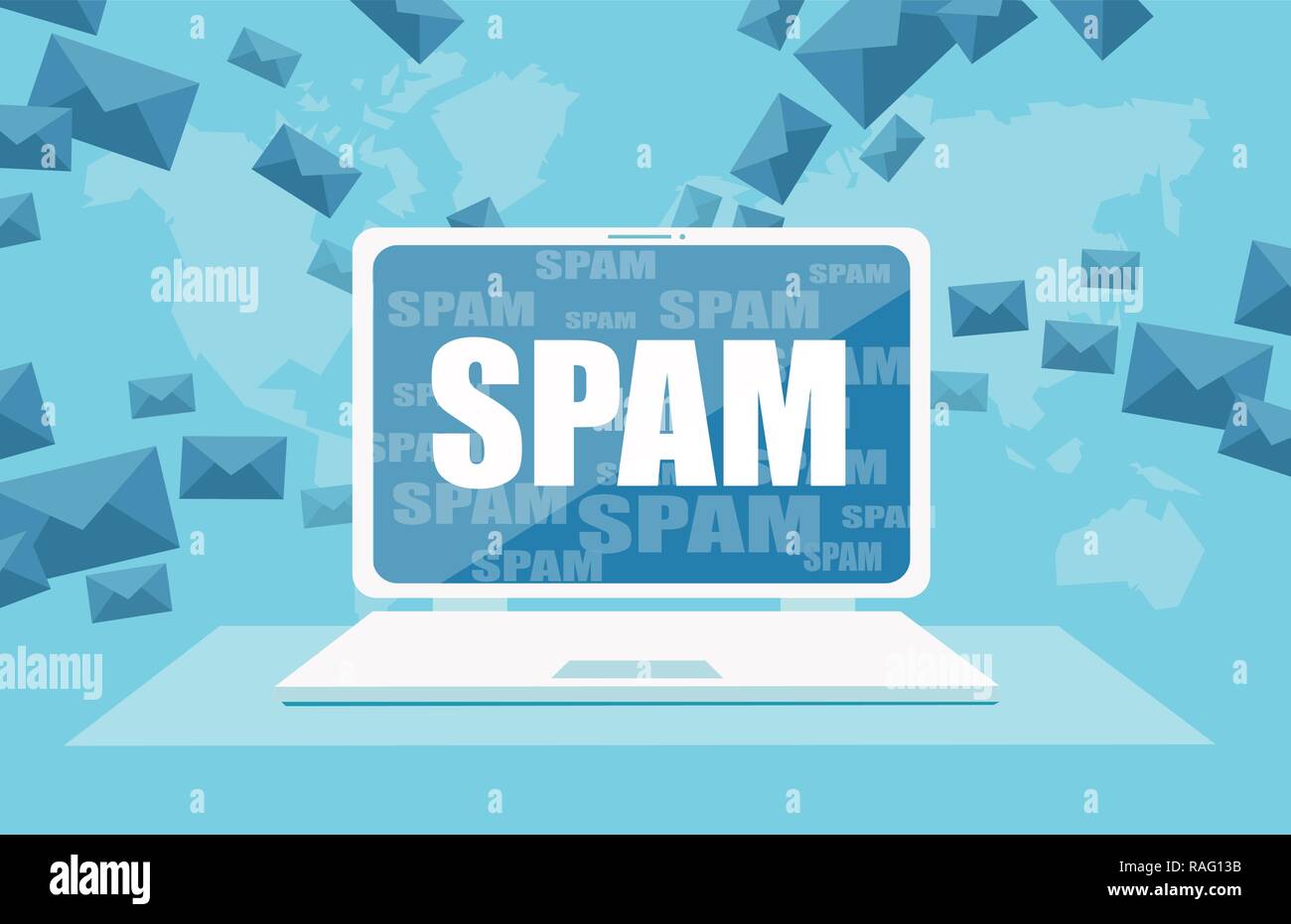 Vecteur d'un e-mail indésirable de la fenêtre d'avertissement de l'enveloppe sur l'écran du portable. Virus, Piratage Piratage et concept de sécurité. Bannière de protection e-mail software. Illustration de Vecteur