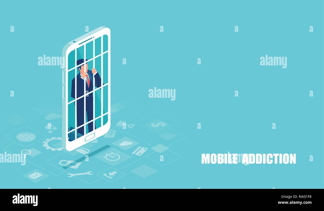 Prisonnier de téléphone mobile et des toxicomanies concept. Vecteur d'un businessman accro à téléphone portable. Caractère malheureux à l'intérieur de smart phone, comme symbole de danger Illustration de Vecteur