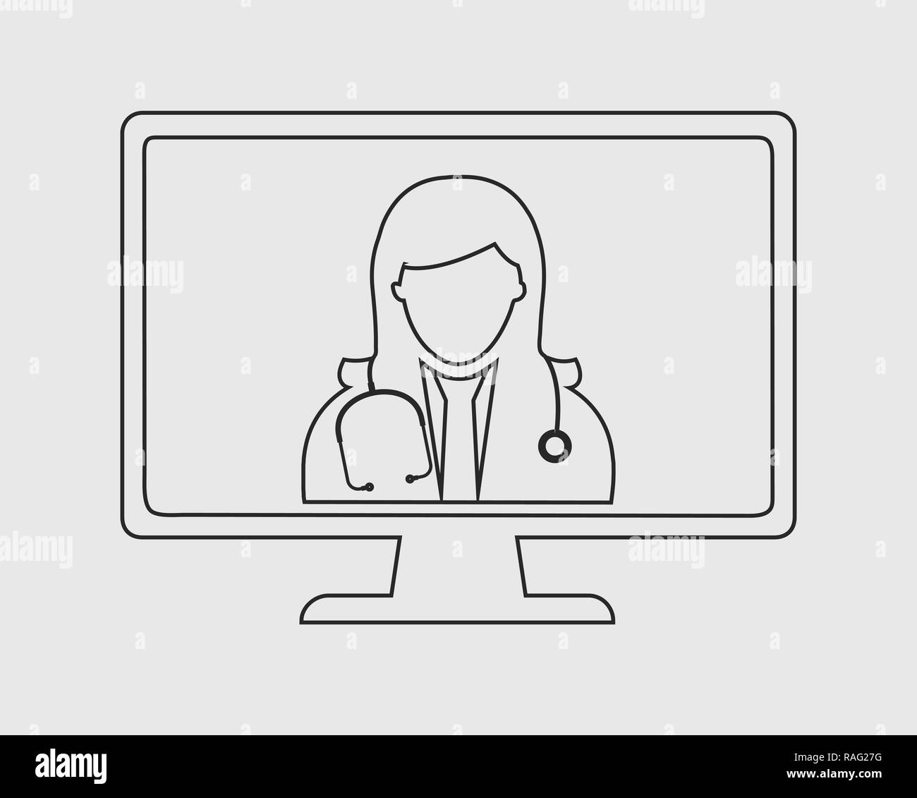 L'icône de la ligne de l'aide médicale en ligne. Femme médecin est sur l'écran de l'ordinateur avec un fond gris. Illustration de Vecteur