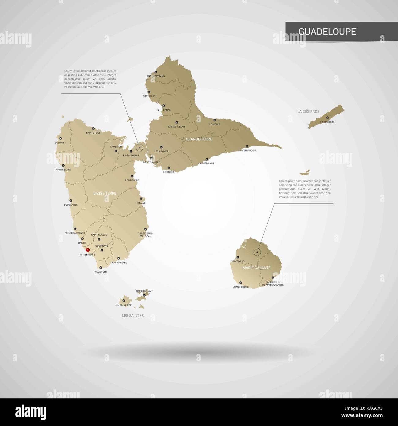 Vecteur stylisé Guadeloupe carte. L'infographie 3d gold site illustration avec les villes, les frontières, les capitaux, les divisions administratives et les marques de pointeur, shado Illustration de Vecteur