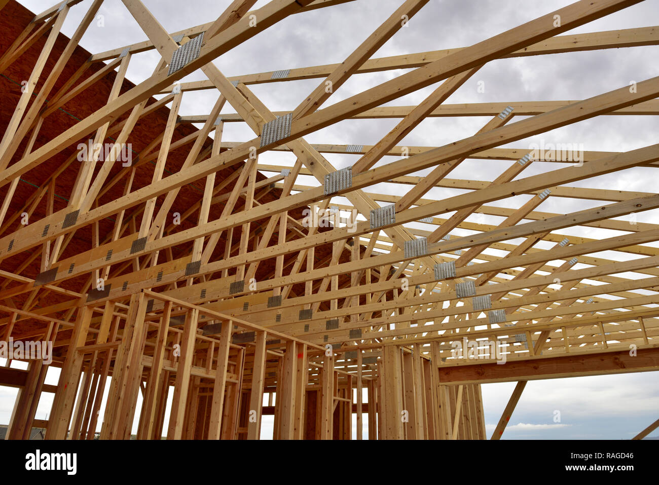 De nouvelles maisons à ossature de bois avec des fermes de toits et murs de goujon, Arizona Banque D'Images