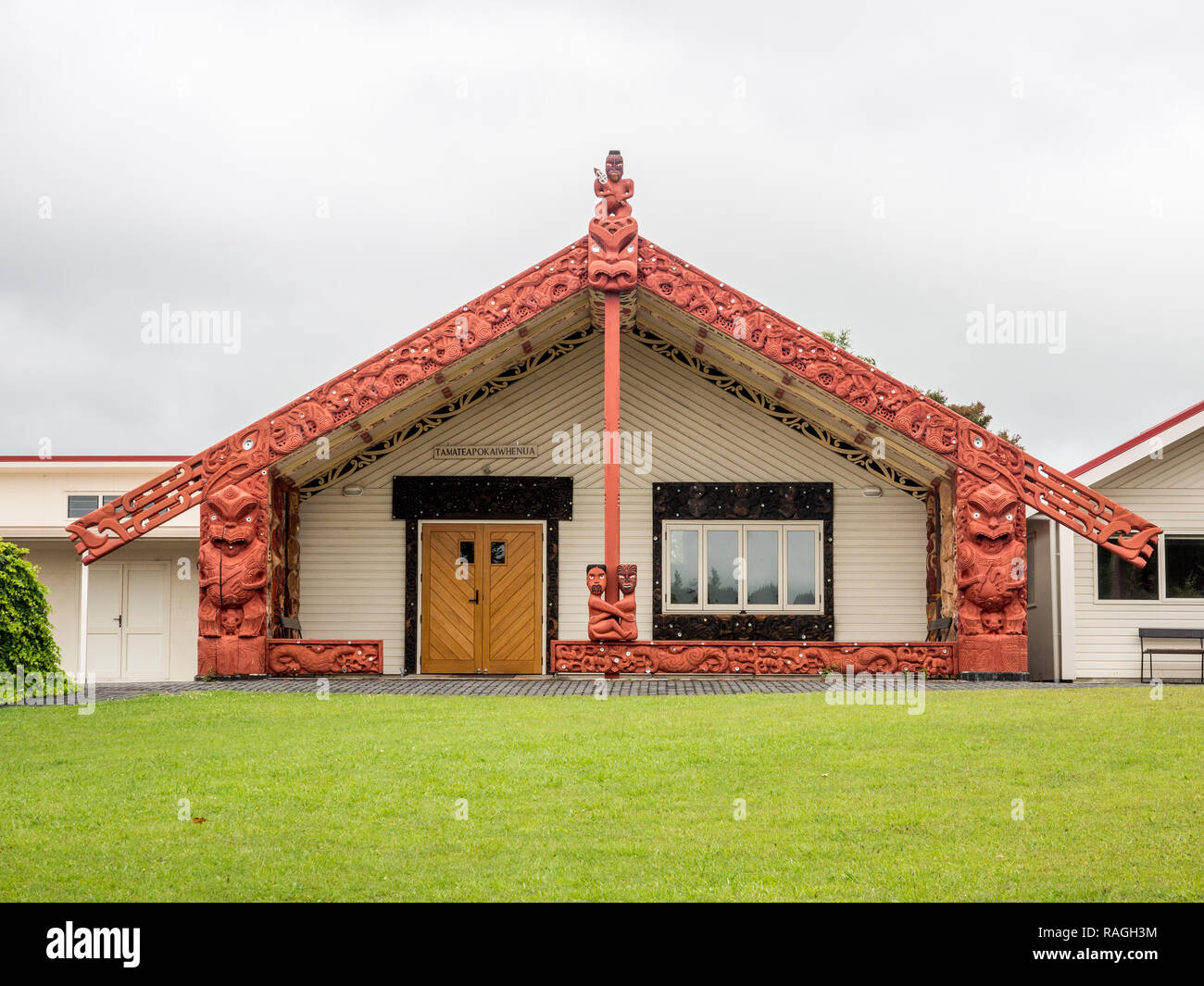 Whare whakairo Tamatea Pokai Whenua, des Ngati Kahungunu Marae Pouakani o Wairarapa, Mangakino, district du lac Taupo, Nouvelle-Zélande Banque D'Images
