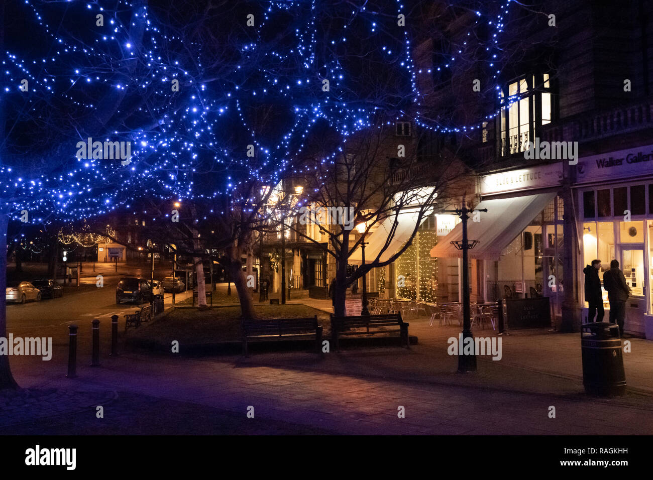 Lumières décoratives bleues décorant un arbre dans un quartier commerçant urbain à Harrogate, dans le North Yorkshire, en Angleterre, au Royaume-Uni. Banque D'Images