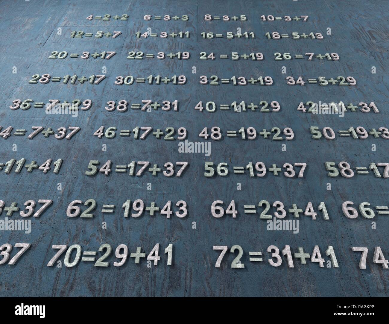 La conjecture de Goldbach, illustration. Le mathématicien du 18e siècle Christian Goldbach conjecture que tout entier pair supérieur à 2 peut être écrit comme la somme de deux nombres premiers. Cela reste l'une des plus célèbres conjectures non éprouvées en mathématiques. Banque D'Images